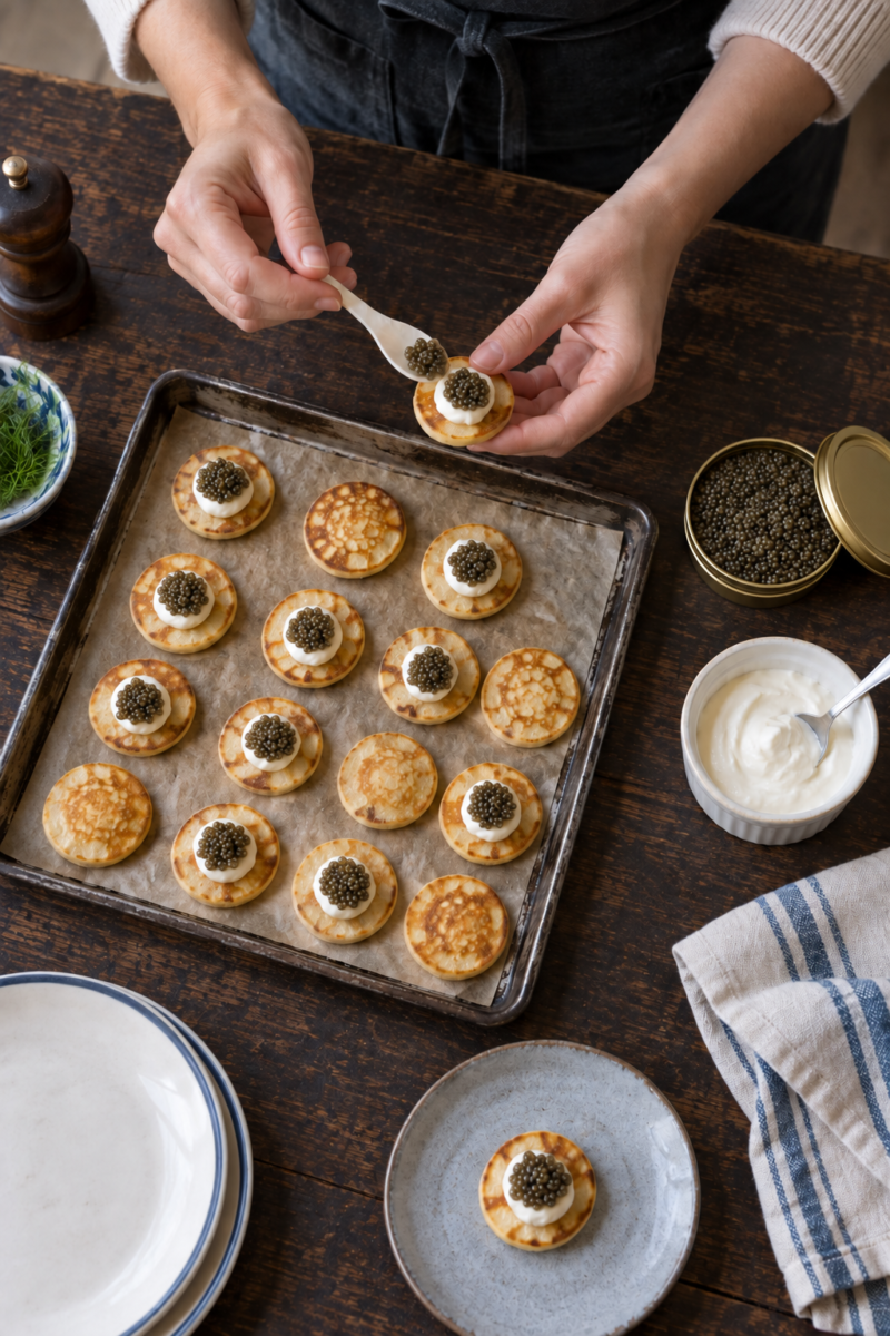 Preparing mini blini with caviar and creme fraiche