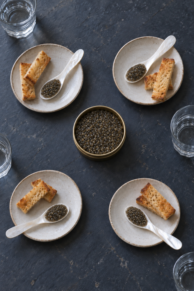 Caviar tasting portions on four plates