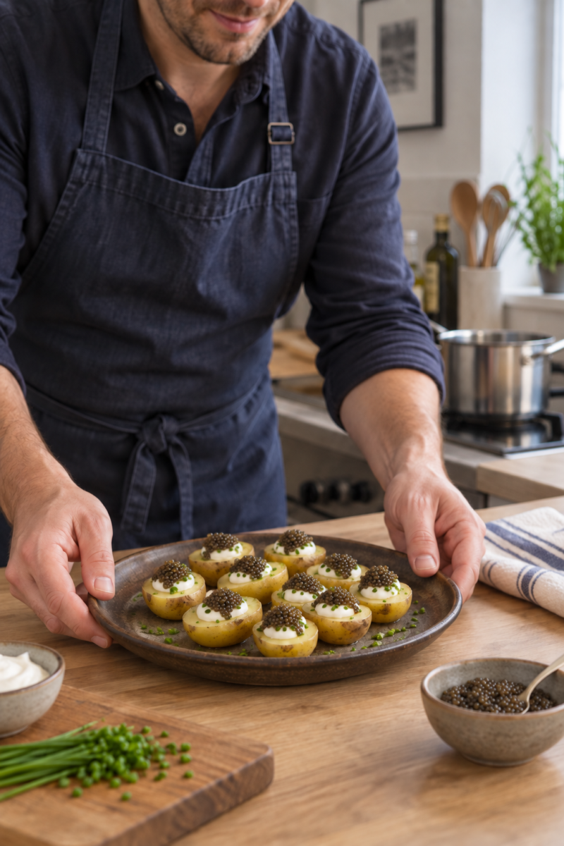 Serving baby potatoes with caviar and creme fraiche