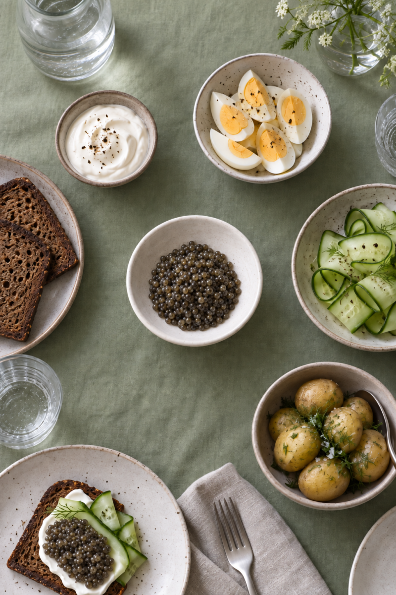 Caviar with eggs, toast, cucumber and potatoes