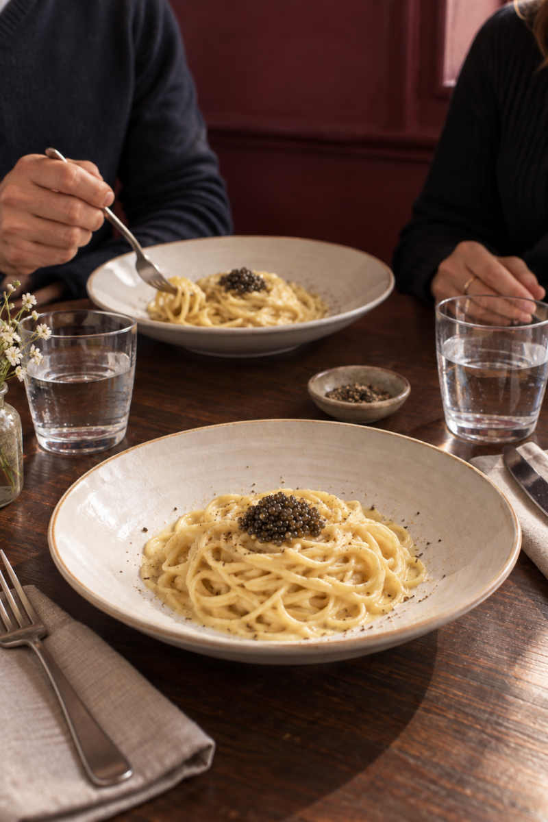 Tagliolini with caviar at a dinner table for two