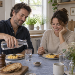Breakfast for two with scrambled eggs and caviar